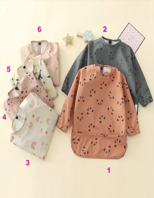 Toddler 12M-36M Waterproof Baby Smock Apron Bib With Crumb Catcher 6 Designs
